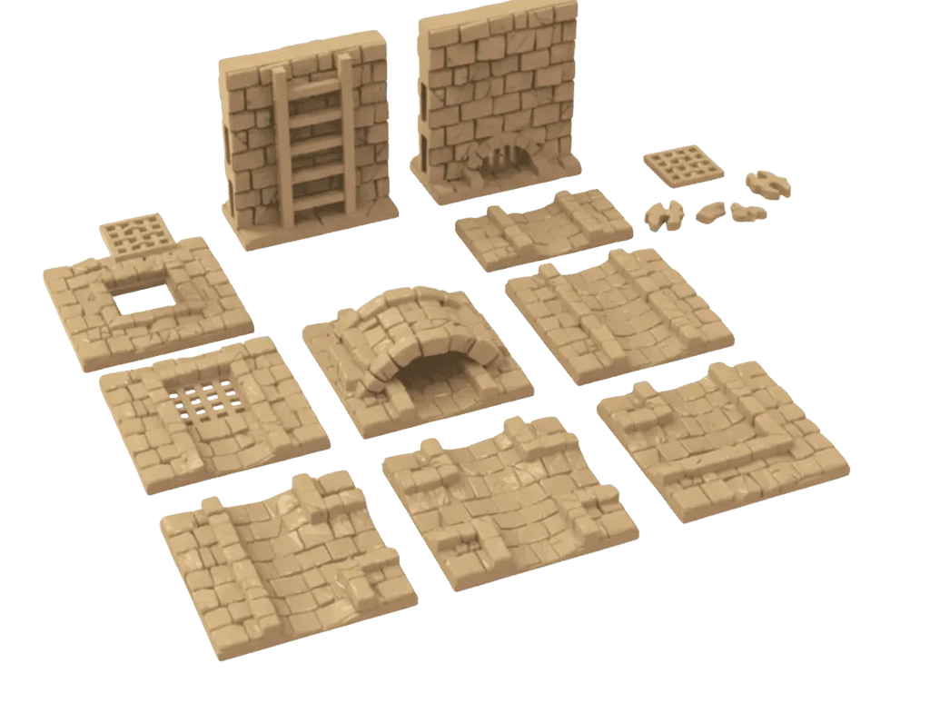 Set of tan brick-like building blocks on a white background