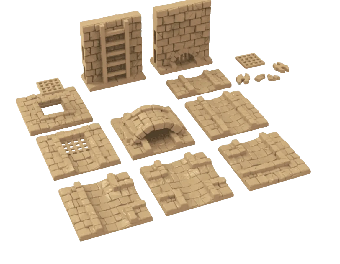 Set of tan brick-like building blocks on a white background
